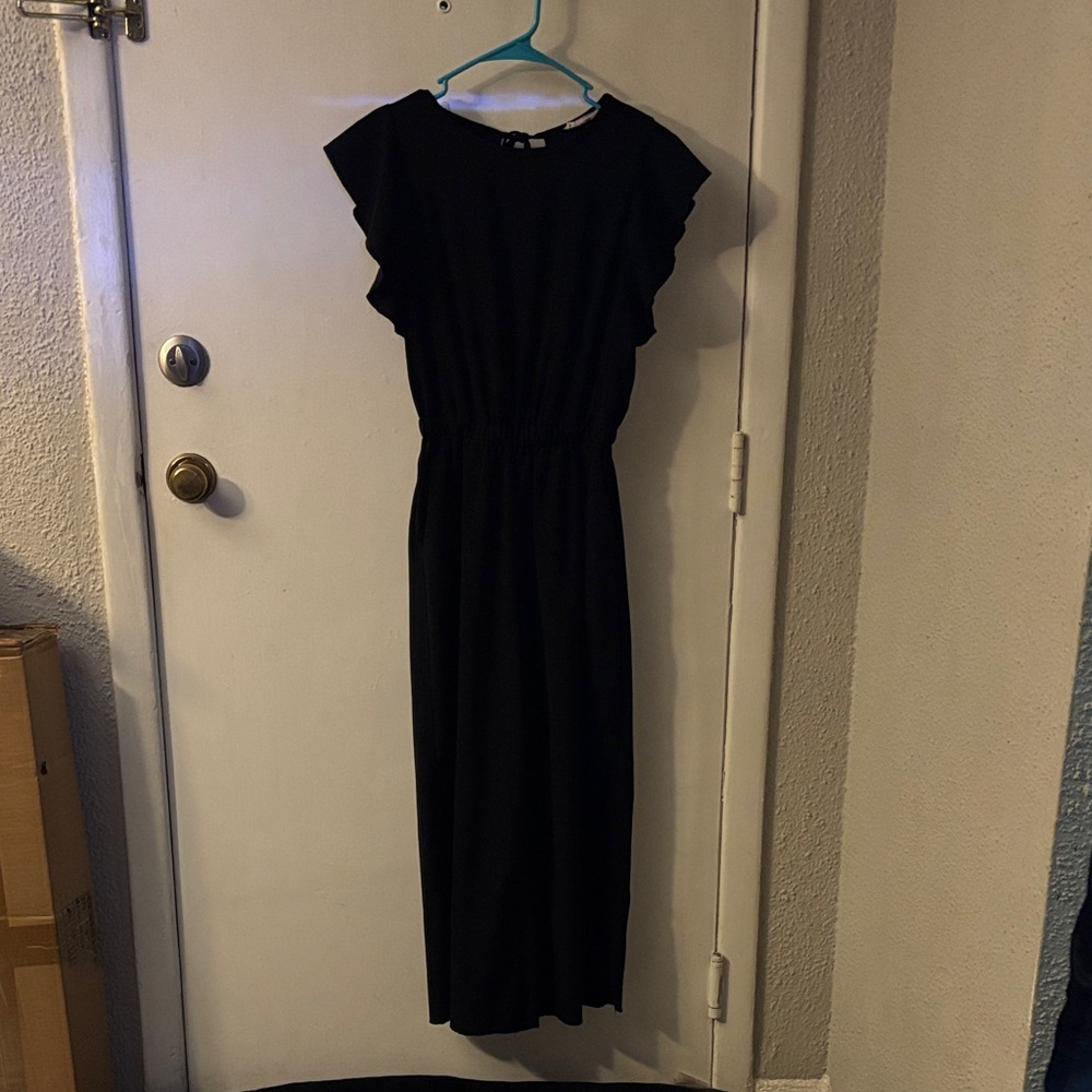 MOD REF Black Ruffled Cap Sleeve Wide Leg Raw Hem Jumpsuit S Retrogirl Glam Boho